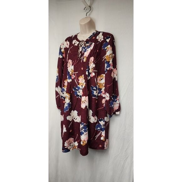 Old Navy Woman's Notched V-Neck Multi-Burgundy Floral Dress 3/4 Sleeve Size Lg - Picture 3 of 9